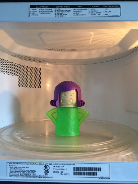 A review image of the angry mama-shaped figure in a microwave