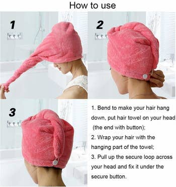 side by side instructional pictures showing how to put on and secure the microfiber hair towel