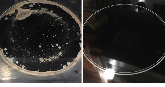A reviewer showing a glass stove burner with buildup stains looking cleaner and shinier after using the product