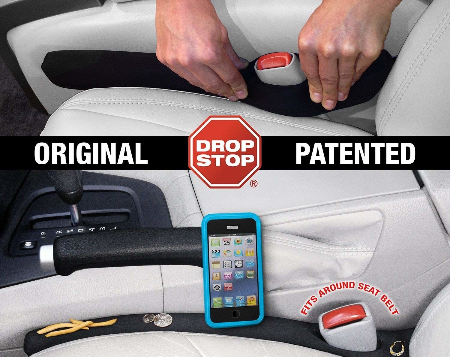 the black fabric-covered foam product over a seatbelt holster, blocking a phone, fries, and change from falling into the gap