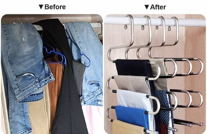 before: pants packed into a closet on individual hangers; after: five pants layered to a hanger with room to spare