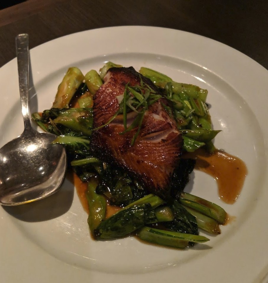The Wood Roasted Char Siu Black Cod, perfectly seasoned and glazed in sweet sauce, is accompanied by sauteed yu choy with garlic and soy. The cod has buttery, melt-in-your-mouth texture that is extremely tender and savory.