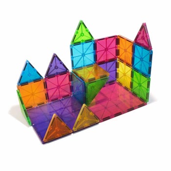 Multicolored square and triangular magnetic tiles fashioned into a tower