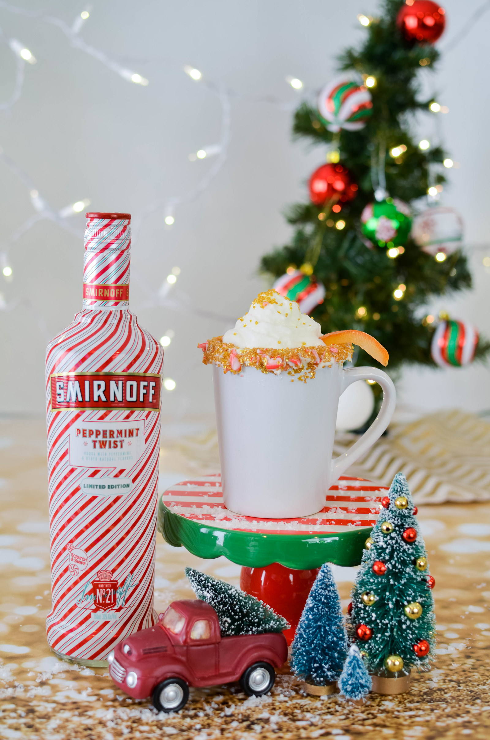 Pairing: Best enjoyed as an after dinner/ dessert cocktail. It pairs well with cookies with dried cranberries, biscotti or meringues. 1 oz. Smirnoff Peppermint Twist0.5 oz. Triple Sec8 oz. Hot Chocolate Directions: Combine hot chocolate, triple sec, and Smirnoff Peppermint Twist in a mug. Stir, and serve with a candy cane. Garnish with a candied orange peel.
