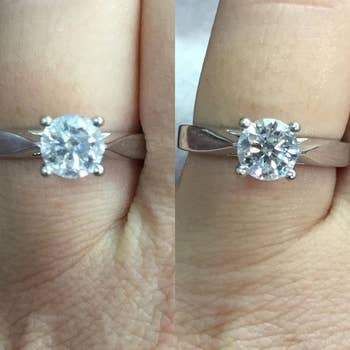 A reviewer's diamond solitaire ring, cloudier before cleaning and sparkling after