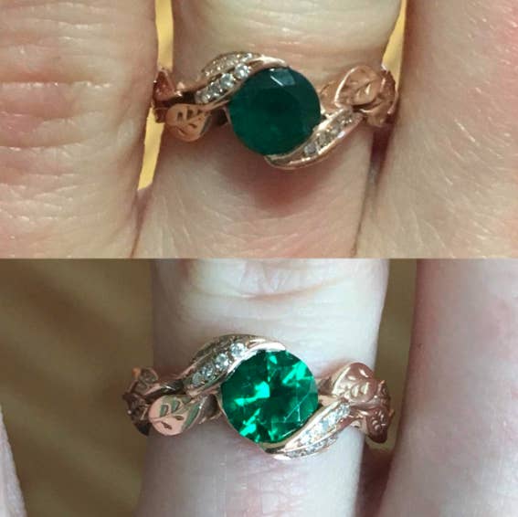 Before: a reviewer's dull, dirty, cloudy emerald ring and After: the same ring, now clean and sparkling 