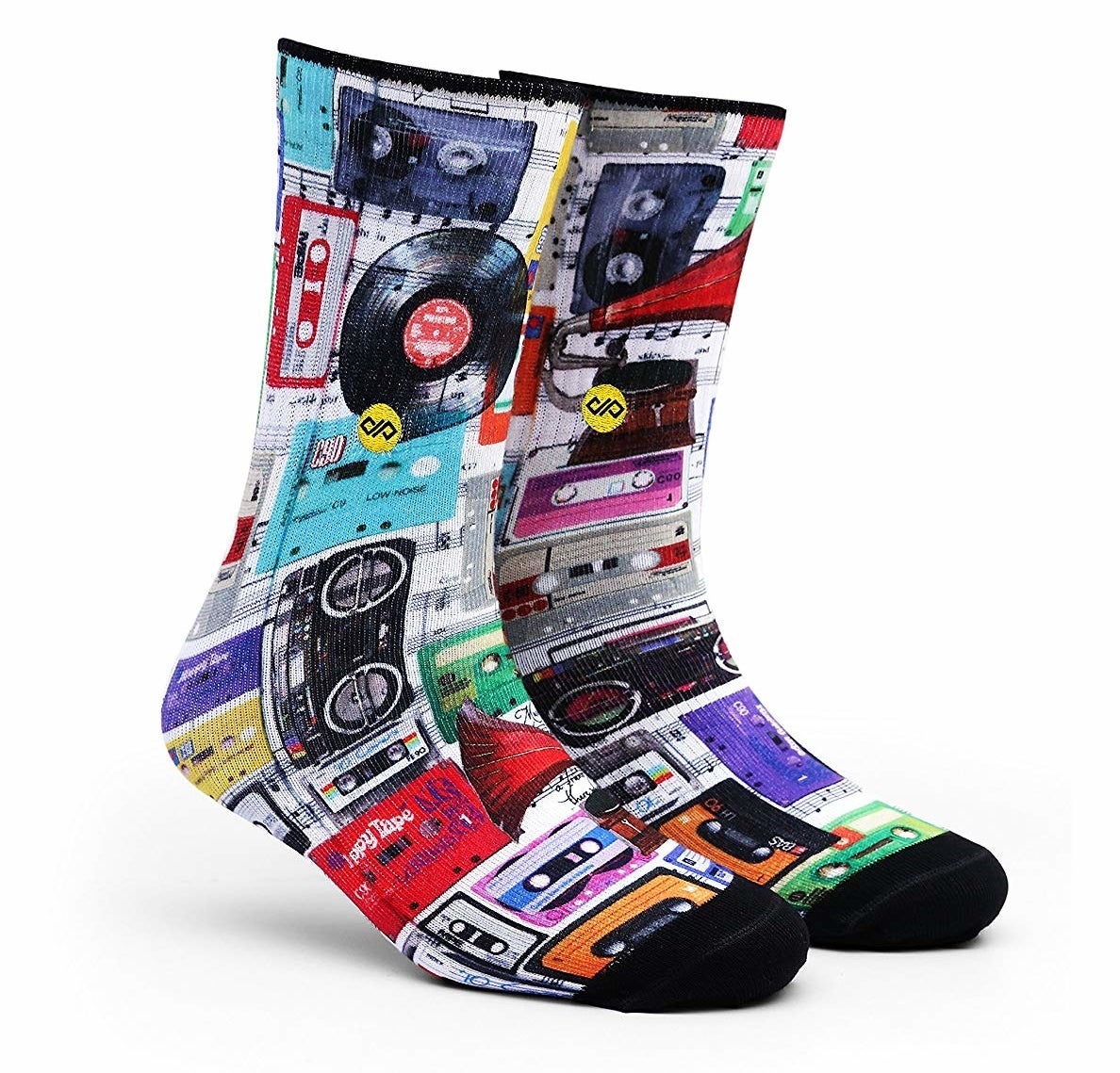 The socks have colourful prints of cassettes, music players, and vinyl records