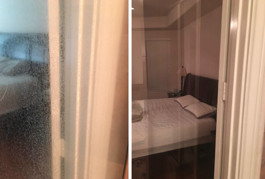 Reviewer&#x27;s before/after pic of their shower door covered in hard water stains. The after photo shows no stains and just clean glass.