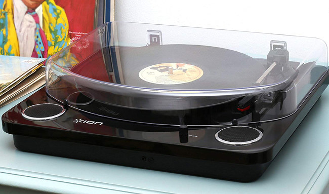 The turntable features built-in stereo speakers. It can connect to your computer with a USB cord to convert records into digital music files. An aux input also lets you convert audio from cassette players and other music devices. Plus, it includes standard RCA outputs for optional home stereo connection and a headphone output.
Promising review: “I am really pleased by the tone that comes out of these tiny speakers. They are loud enough for my office, even on really cheap records. And the sound is amazing. I cant get over the range and the lack of hiss or pop noises!” —Charley
Get it from Amazon for $44.99+ (available in two colors).