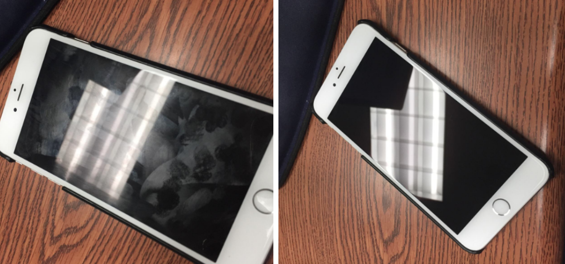 Reviewer before/after pic of a dirty phone screen, and the after pic showing a clean screen