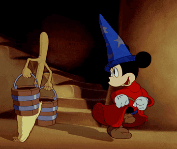 Gif of Mickey Mouse dancing with a broom carrying mop buckets
