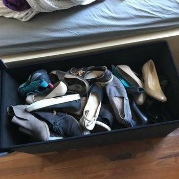 A reviewer's bench storing shoes