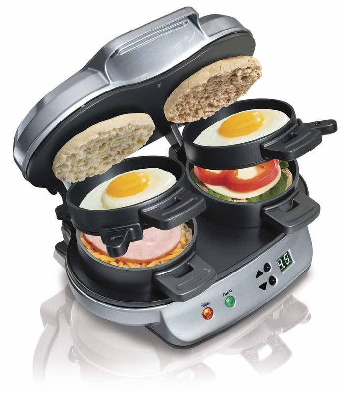 double breakfast sandwich maker open so you can see how things are layered for it