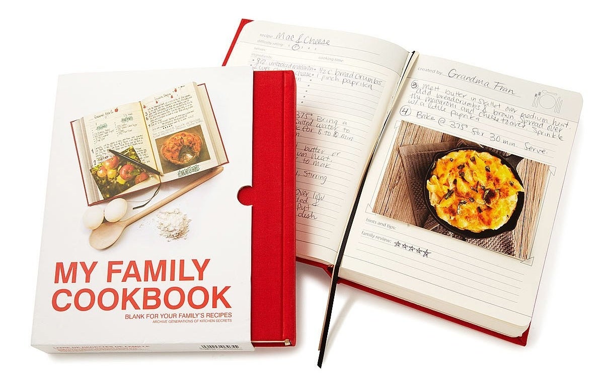 the cover and then the open book with a photo pasted in there of the dish and a written recipe
