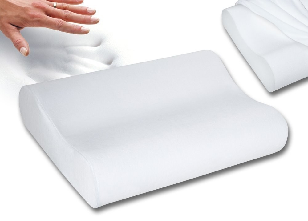 A contoured pillow in white, with a hand demonstrating its memory foam.