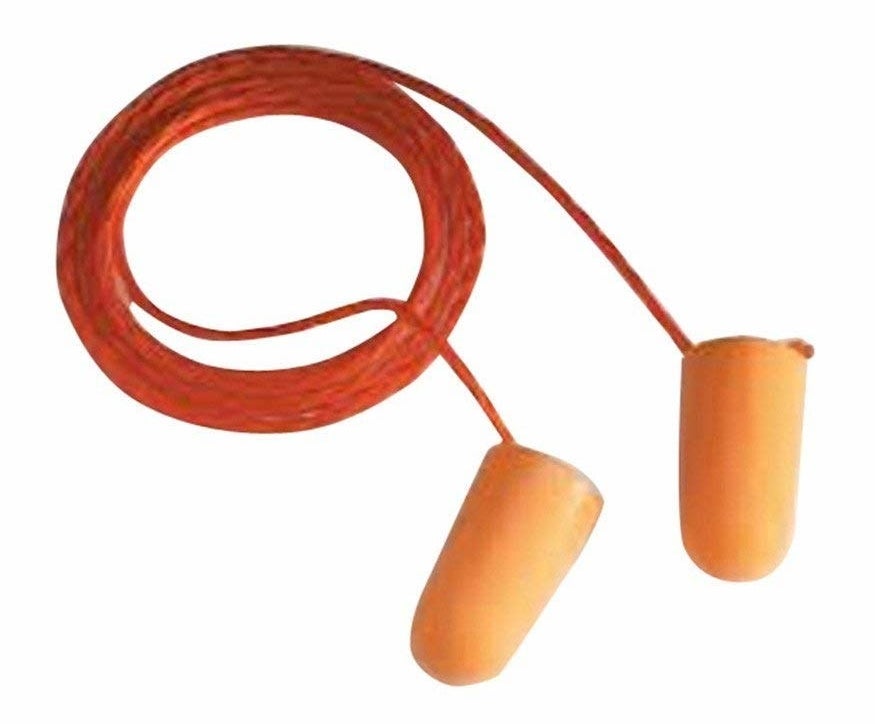 A pair of corded earplugs in orange.