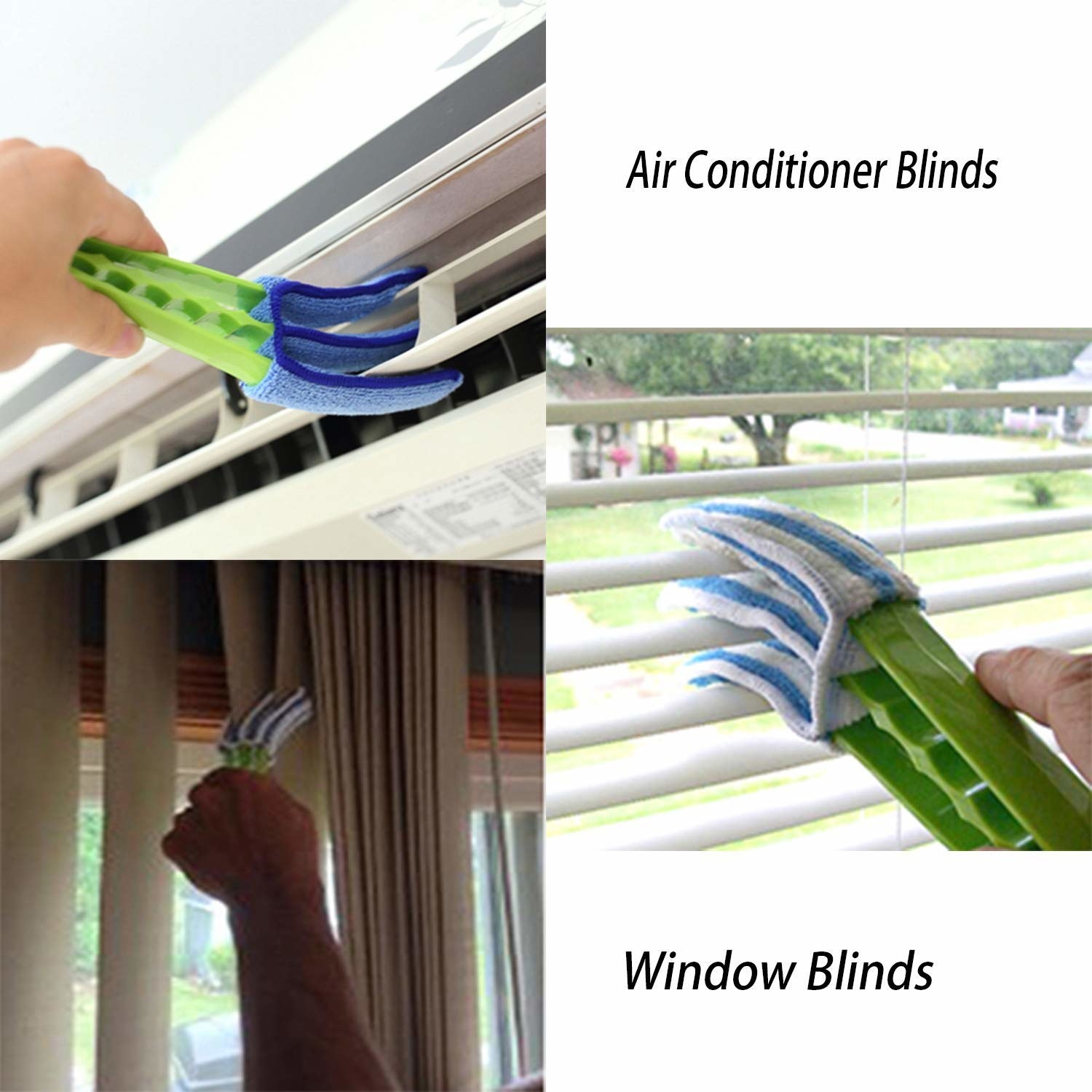 A collage of images showing the wand cleaning air conditioner blinds and window blinds