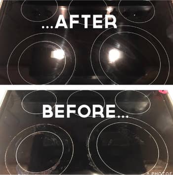 A before/after of a glass stovetop dirty before and shiny after