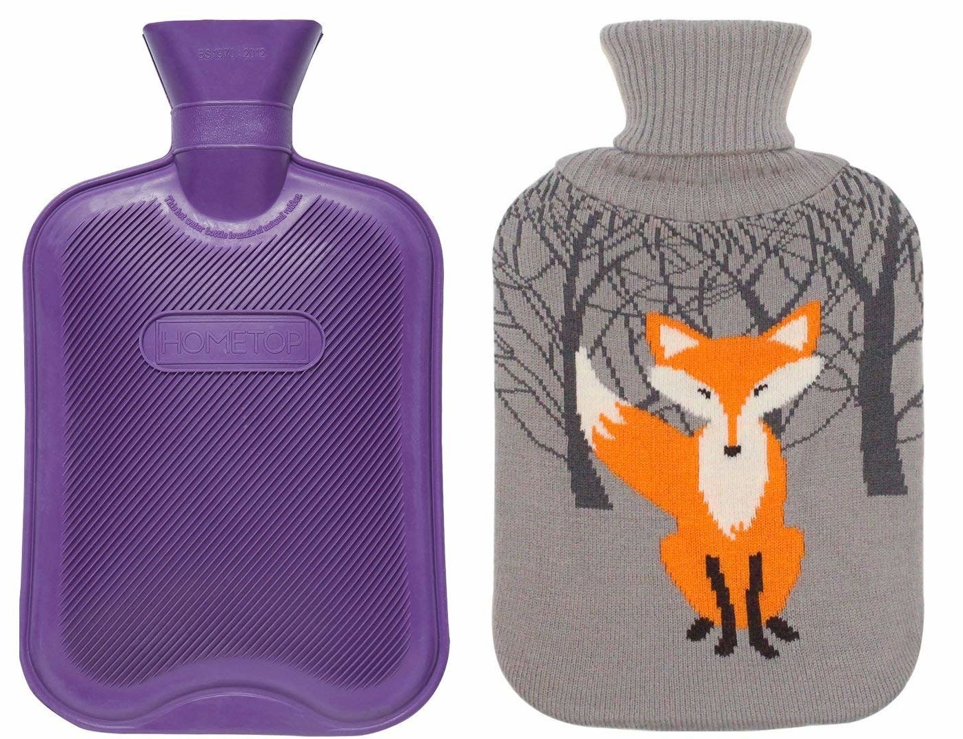 The purple hot water bottle with the grey knit cozy