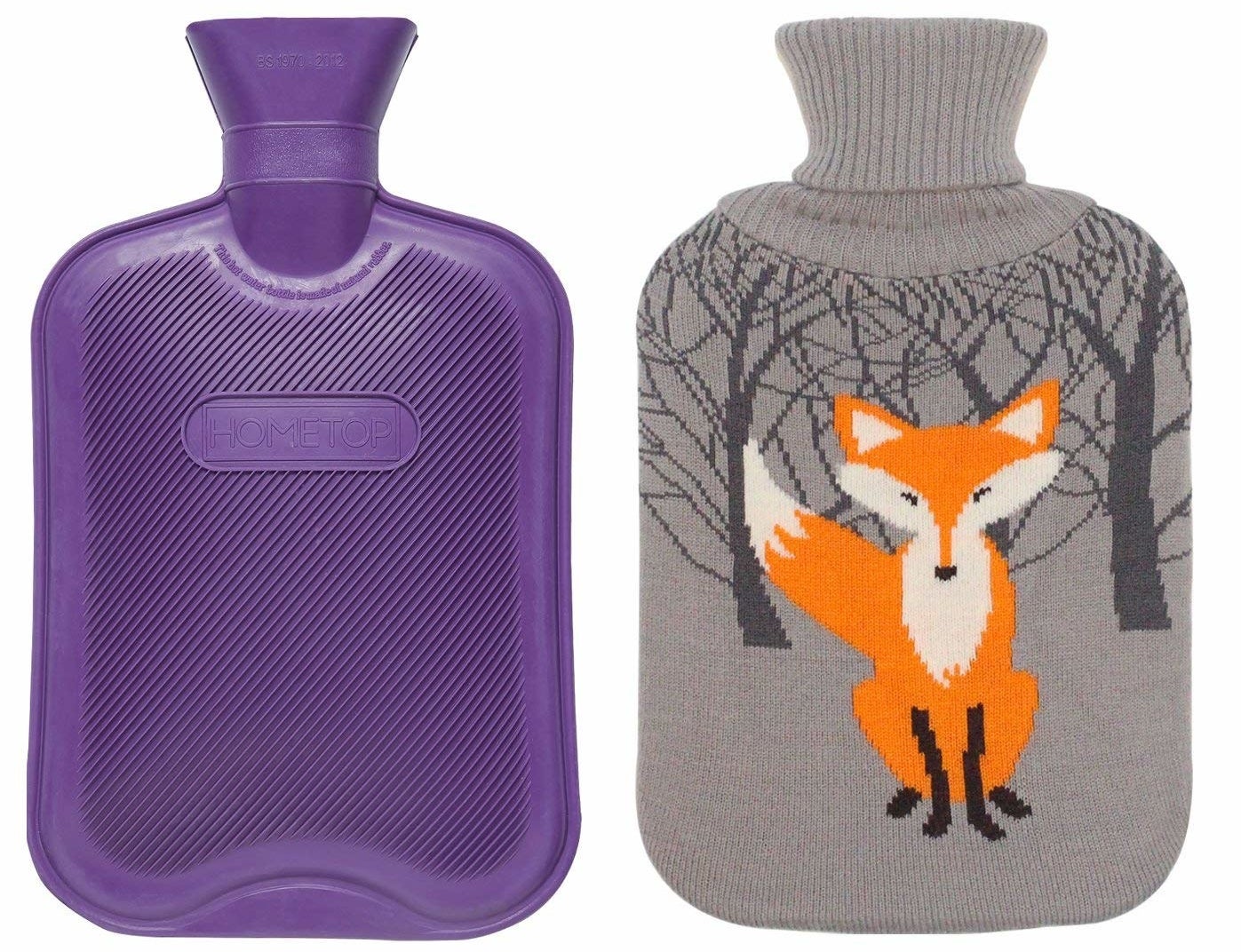 The purple hot water bottle with the grey knit cozy