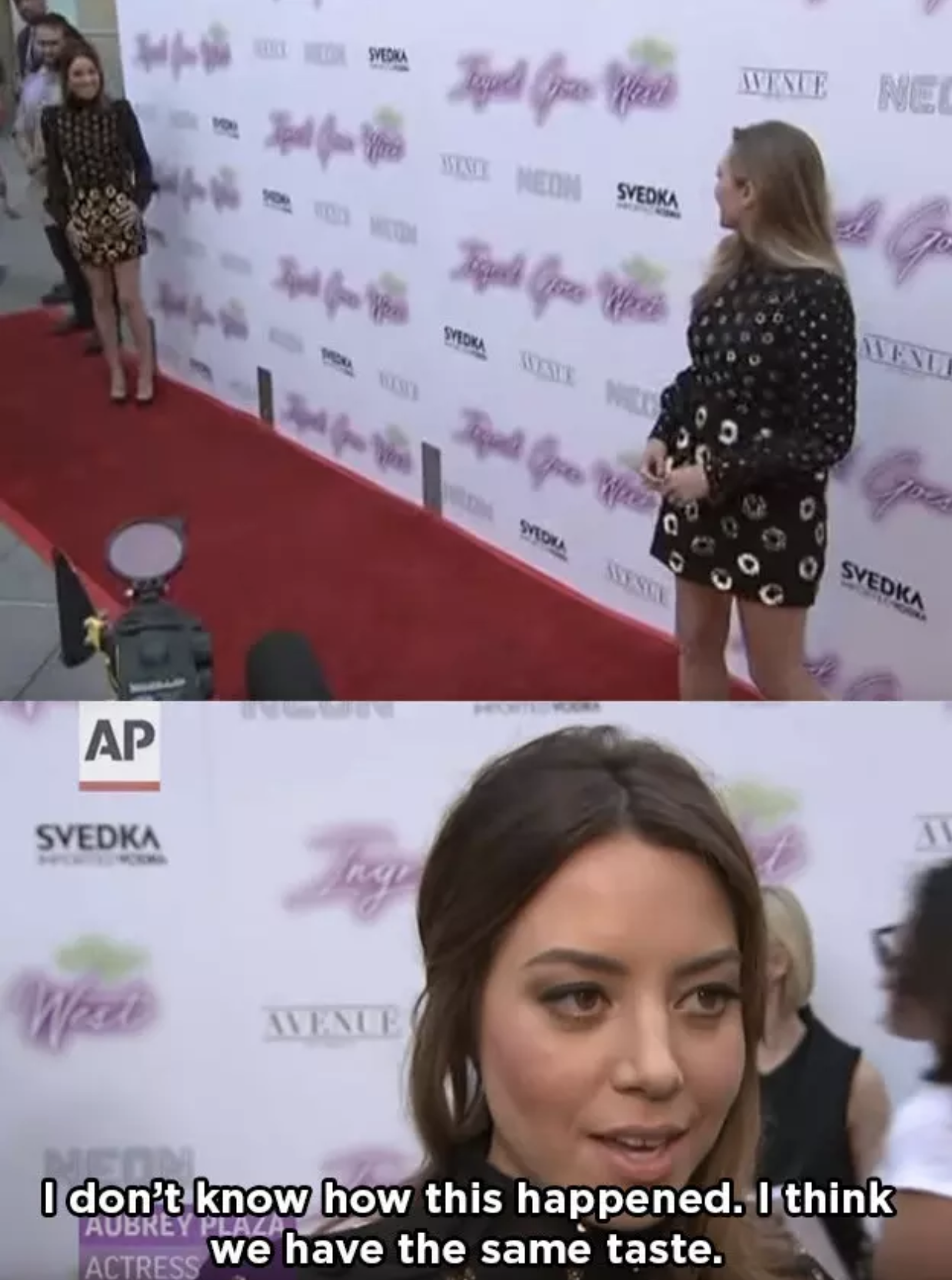 Elizabeth Olsen getting caught off guard with Aubrey showing up in her outfit on the red carpet