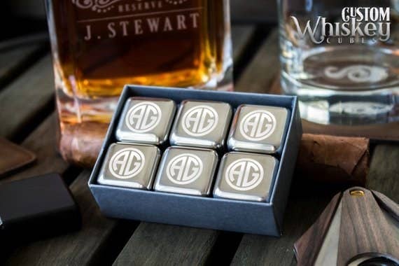 whiskey stones in a box with monogrammed letters
