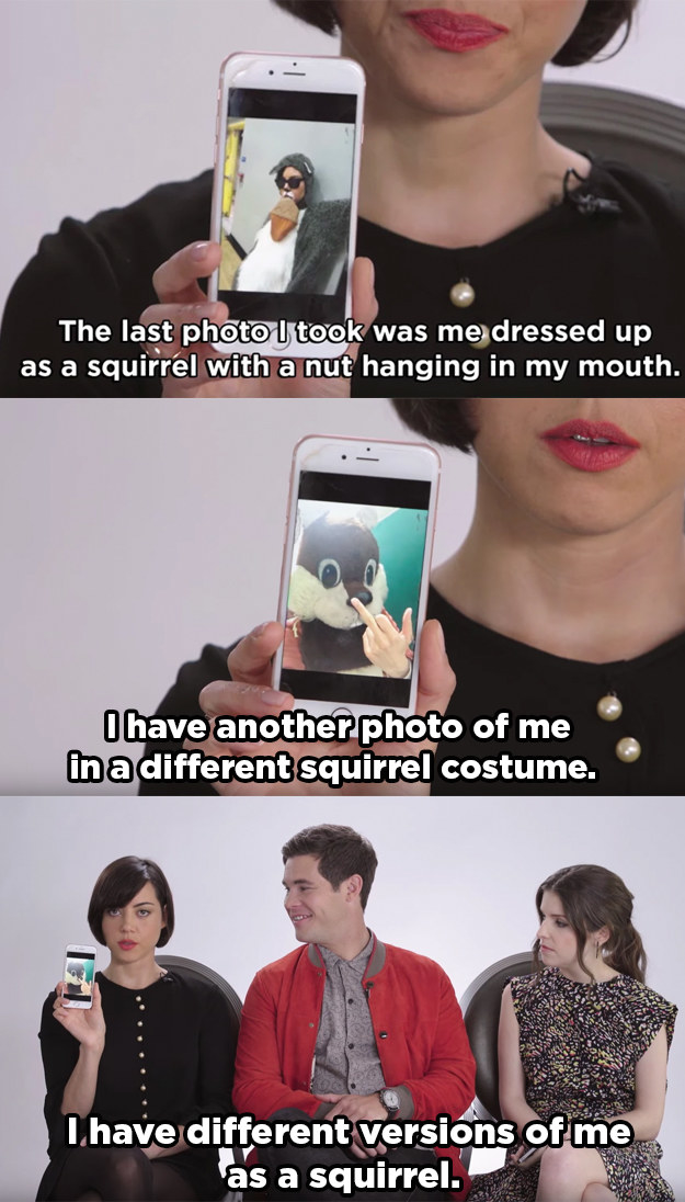 Aubrey showing a photo of her in a squirrel costume with a giant acorn in her mouth and another of her in a squirrel head flipping the camera off