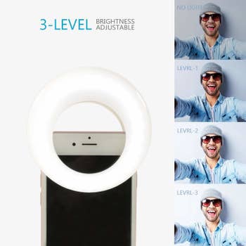 The ring light clipped to a phone, with photos illustrating the three brightness levels