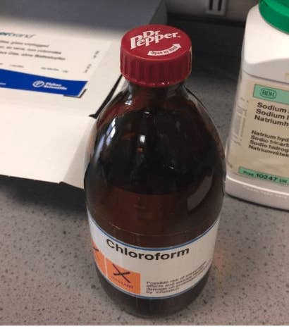 a bottle of Chloroform with a Dr Pepper cap
