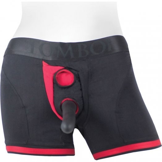 the red and black brief strap on