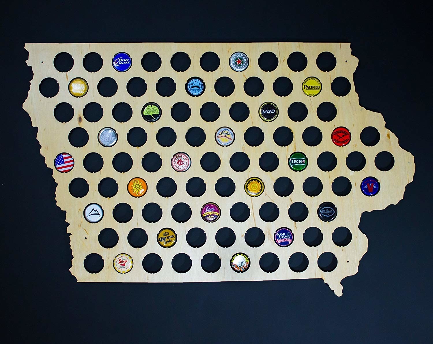 Iowa-shaped board with holes for beer caps 