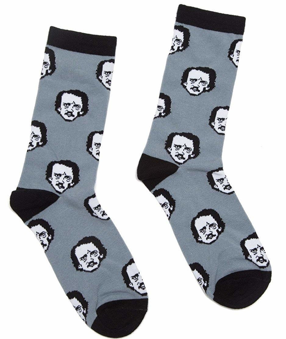 The blue socks with little Edgar Allen Poe faces all over them