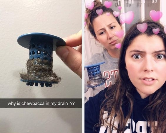 on the left a buzzfeeder&#x27;s tubshroom wrapped with hair captioned &quot;why is chewbacca in my drain,&quot; on the right the buzzfeeder and her roommate holding the tubshroom