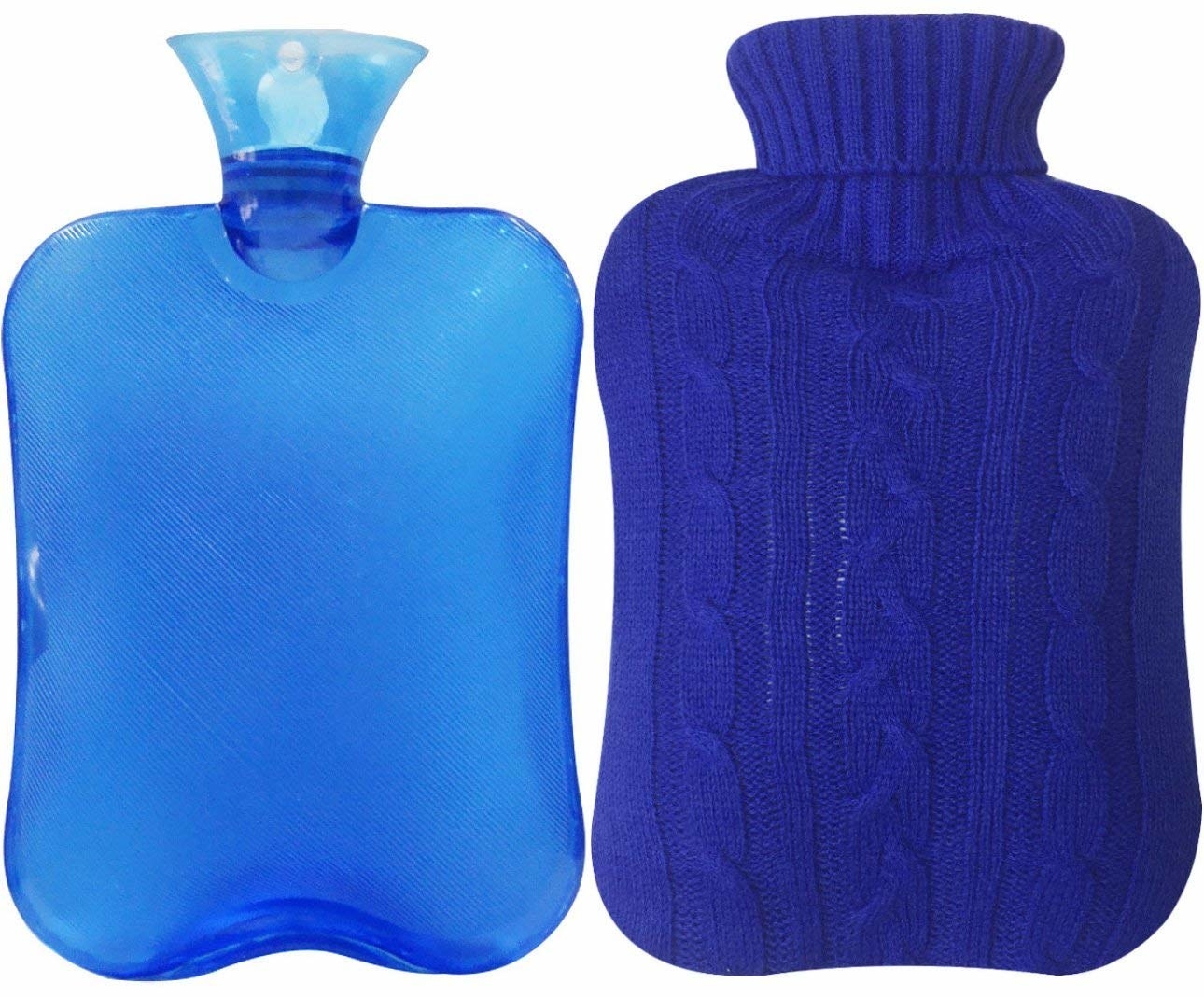 Blue hot water bottle and blue knit cover