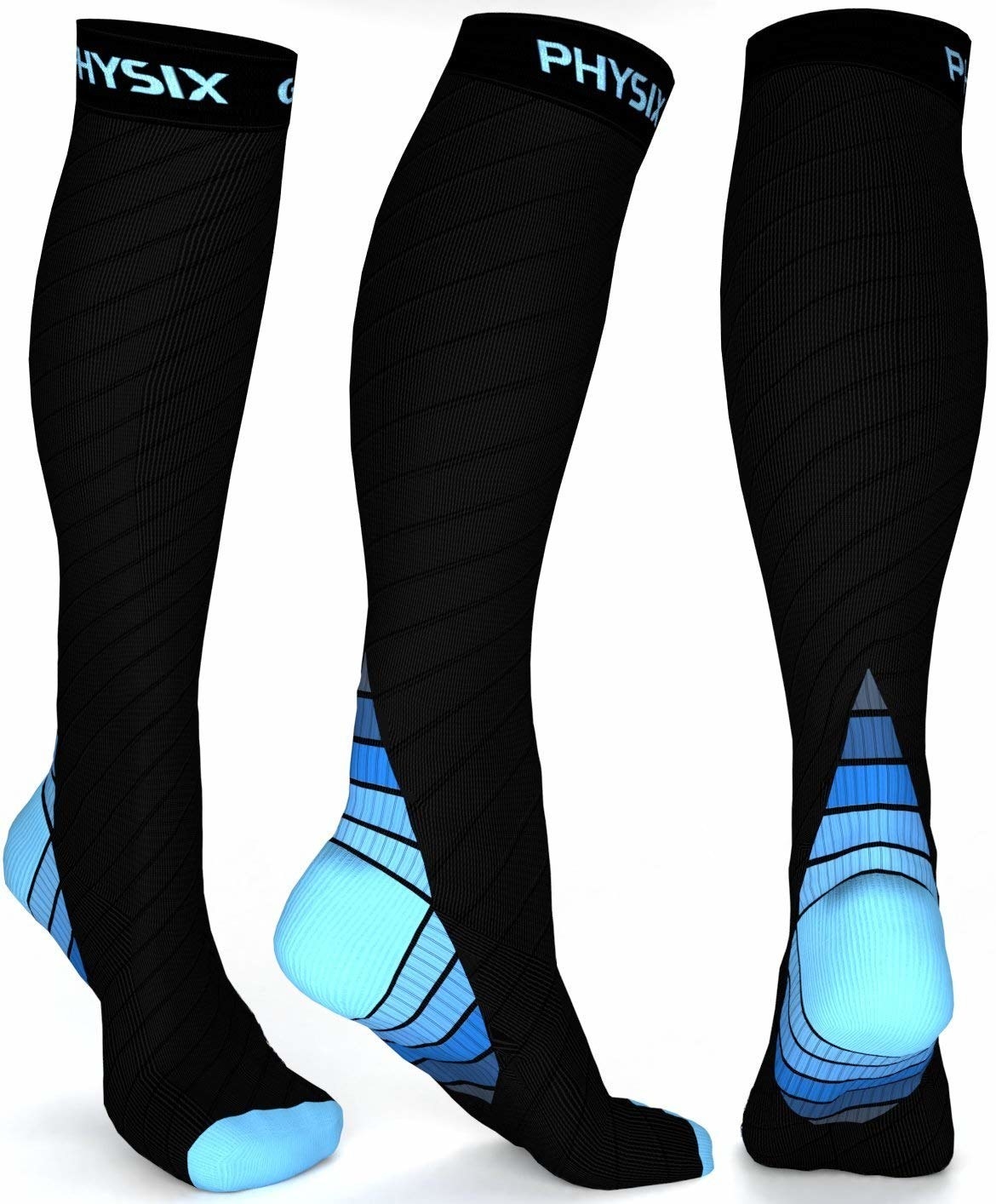 Three black and blue compression socks