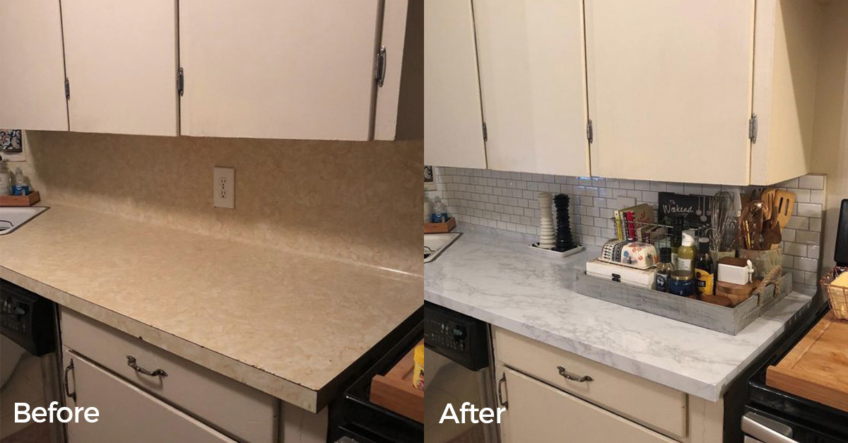 reviewer before and after photo showing the marble contact paper on their kitchen countertops 