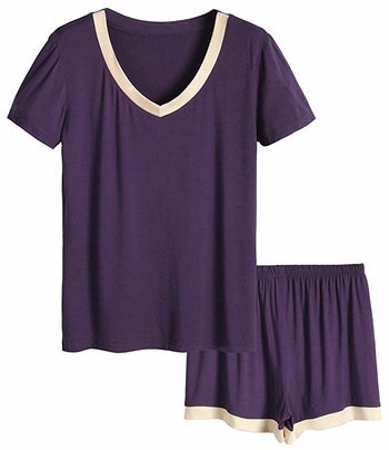purple V-neck pajama top and matching shorts