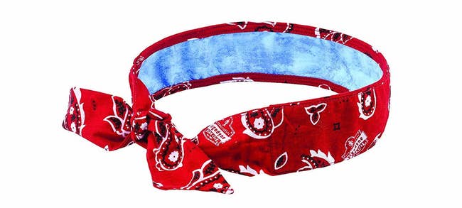red loop bandana with blue cooling section visible inside