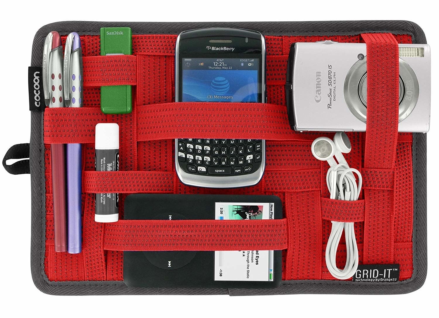 flat organizer with stretchy straps to hold onto items