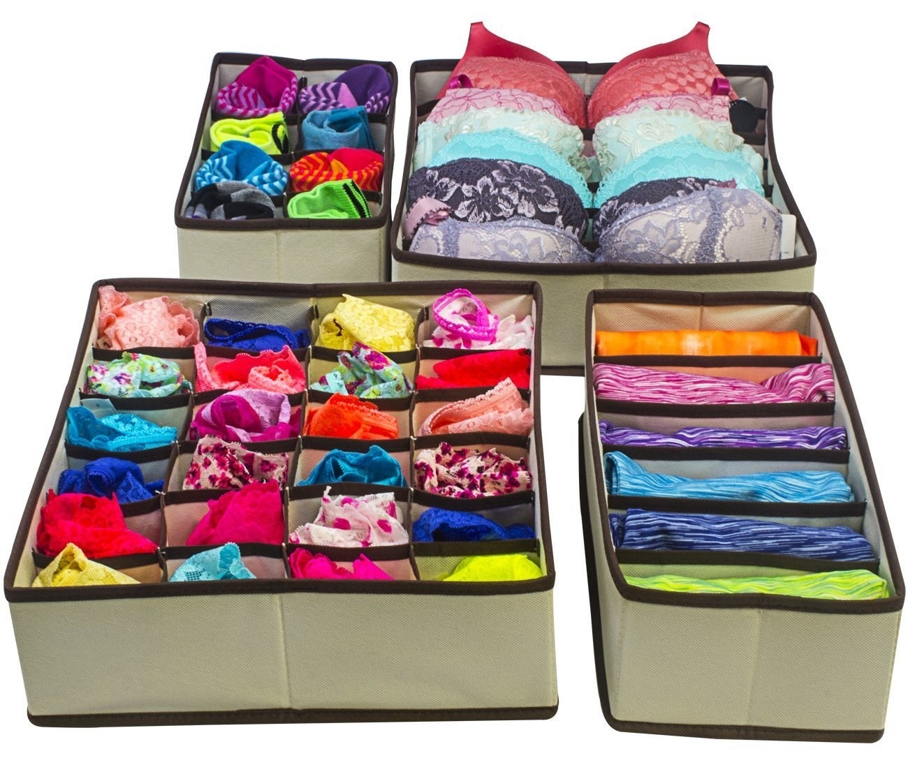 storage organizers with compartments for underwear, socks, bras, etc.