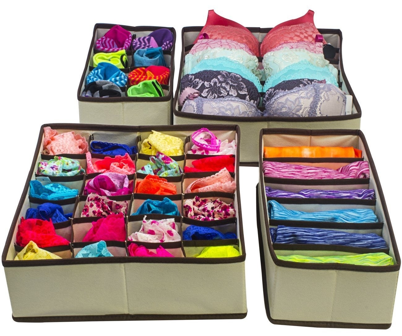 storage organizers with compartments for underwear, socks, bras, etc. 