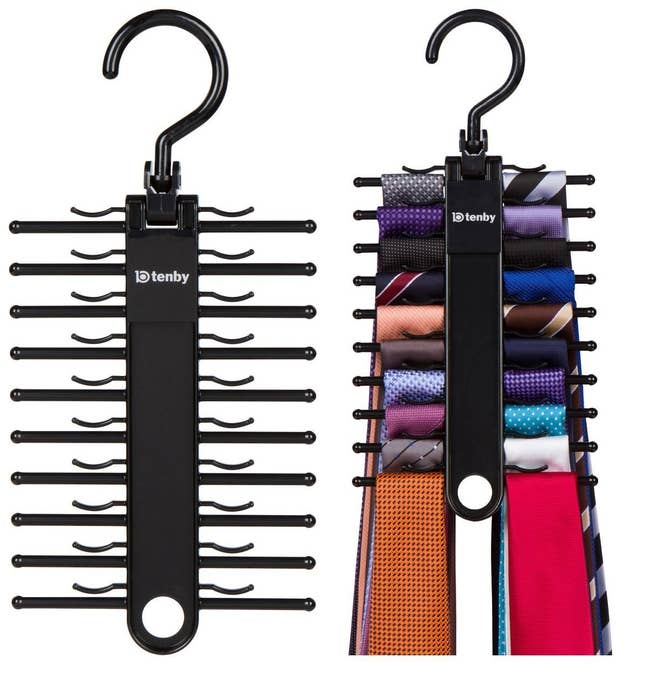 product shot of a coat hanger tie organizer with slots and clips to keep the ties in place. Shown empty and also filled with ties