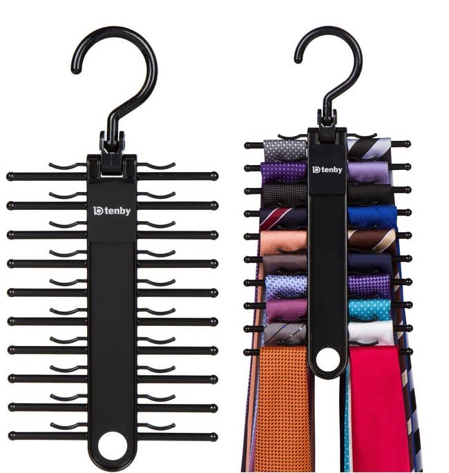 product shot of a coat hanger tie organizer with slots and clips to keep the ties in place. Shown empty and also filled with ties