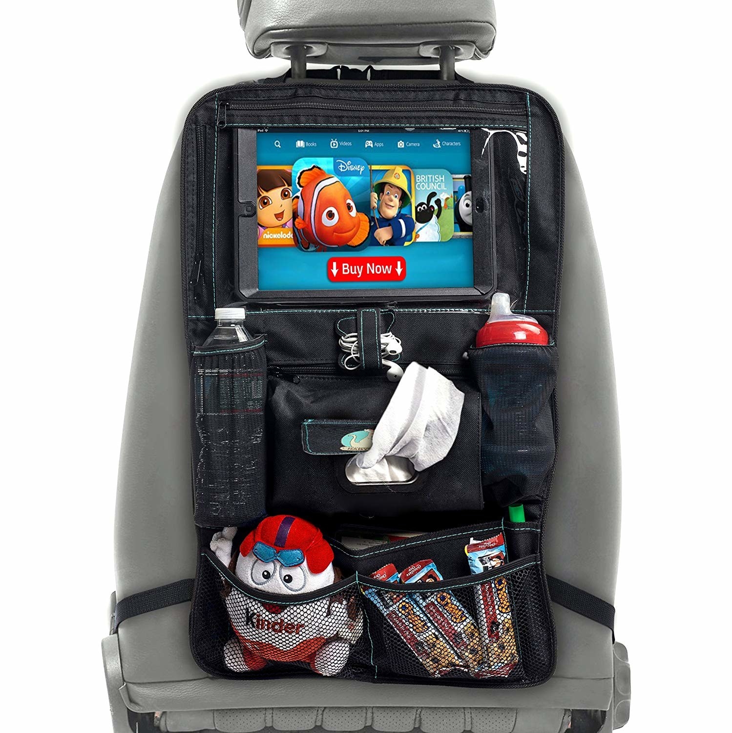product shot of back of car seat with an organizer attached to it with pockets and compartments holding bottle, snack bars, stuffed toy, iPad