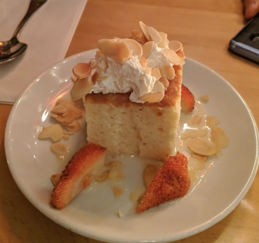 A classic Mexican dessert, the sponge cake is soaked in citrus three milk with a dollop of Chantilly cream, fresh strawberries, and almond slivers.