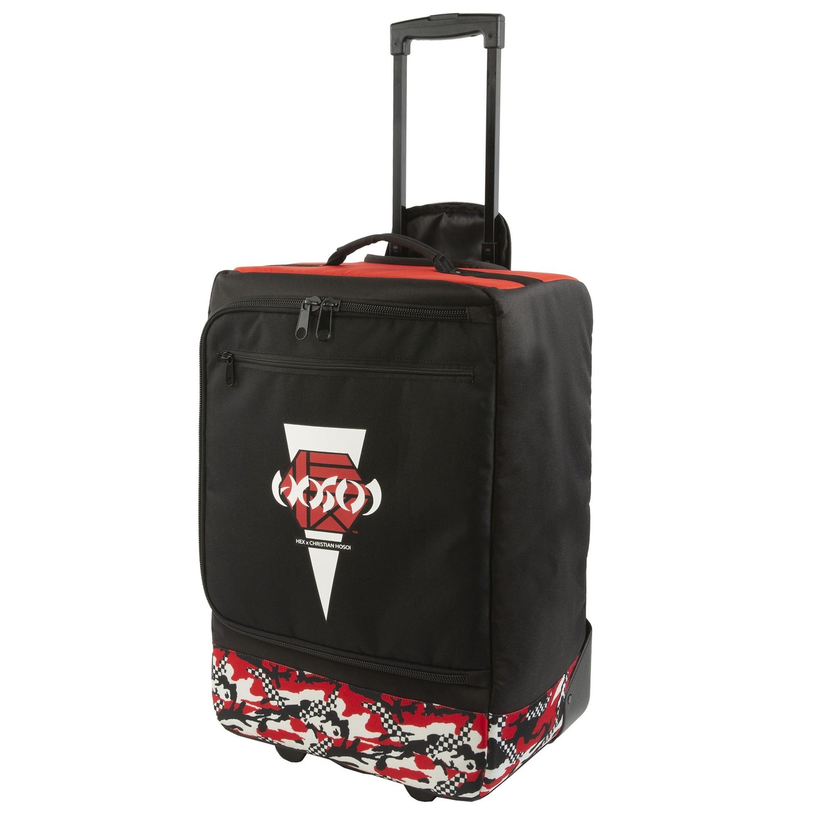 In collaboration with legendary skateboarder, Christian Hosoi, HEX, the award-winning fashion accessory brand, launched new capsule of bags this season, including the Travel Roller with useful features like collapsible handle, exterior zippered pocket, roomy main storage compartment, and interior mesh flap pocket. All products were developed with Christian’s personal input and carry his signature flair and presence. HEX and Hosoi developed a bold, new colorway in black-with-red-camo accents and a mash-up of HEX and Hosoi’s logos.