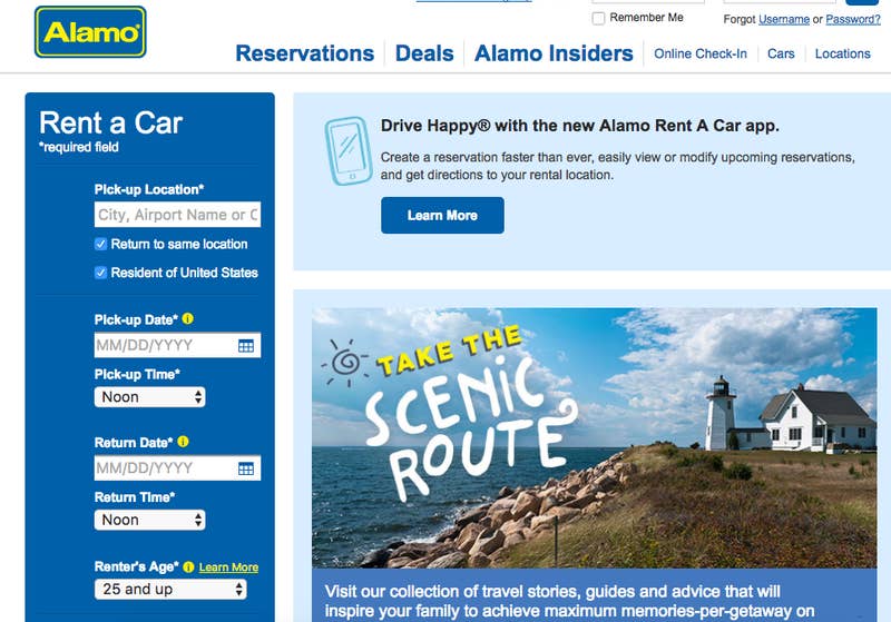 Alamo has a special landing page with a ton of last- minute car rental specials, which means that planning a spontaneous weekend getaway doesn&#x27;t have to cost an arm, a leg, and an additional vital organ. And we&#x27;re talking seriously last-minute — like, rental deals that can be booked with as little as one hour’s notice. Check out all the great deals at Alamo.