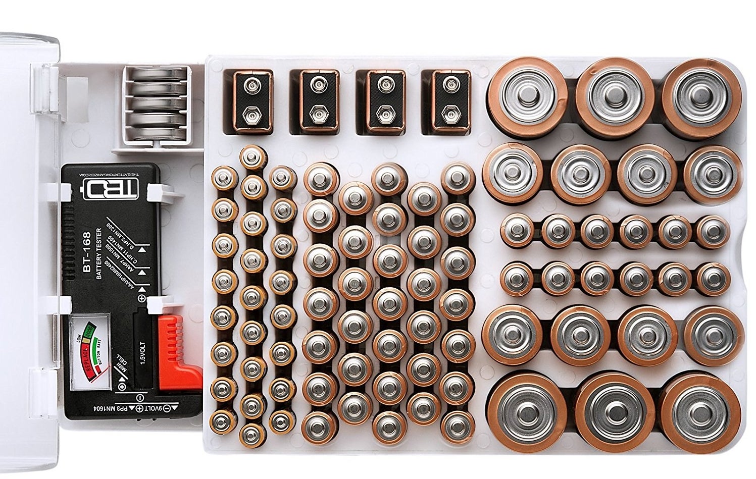 organizer with slots for different sized batteries