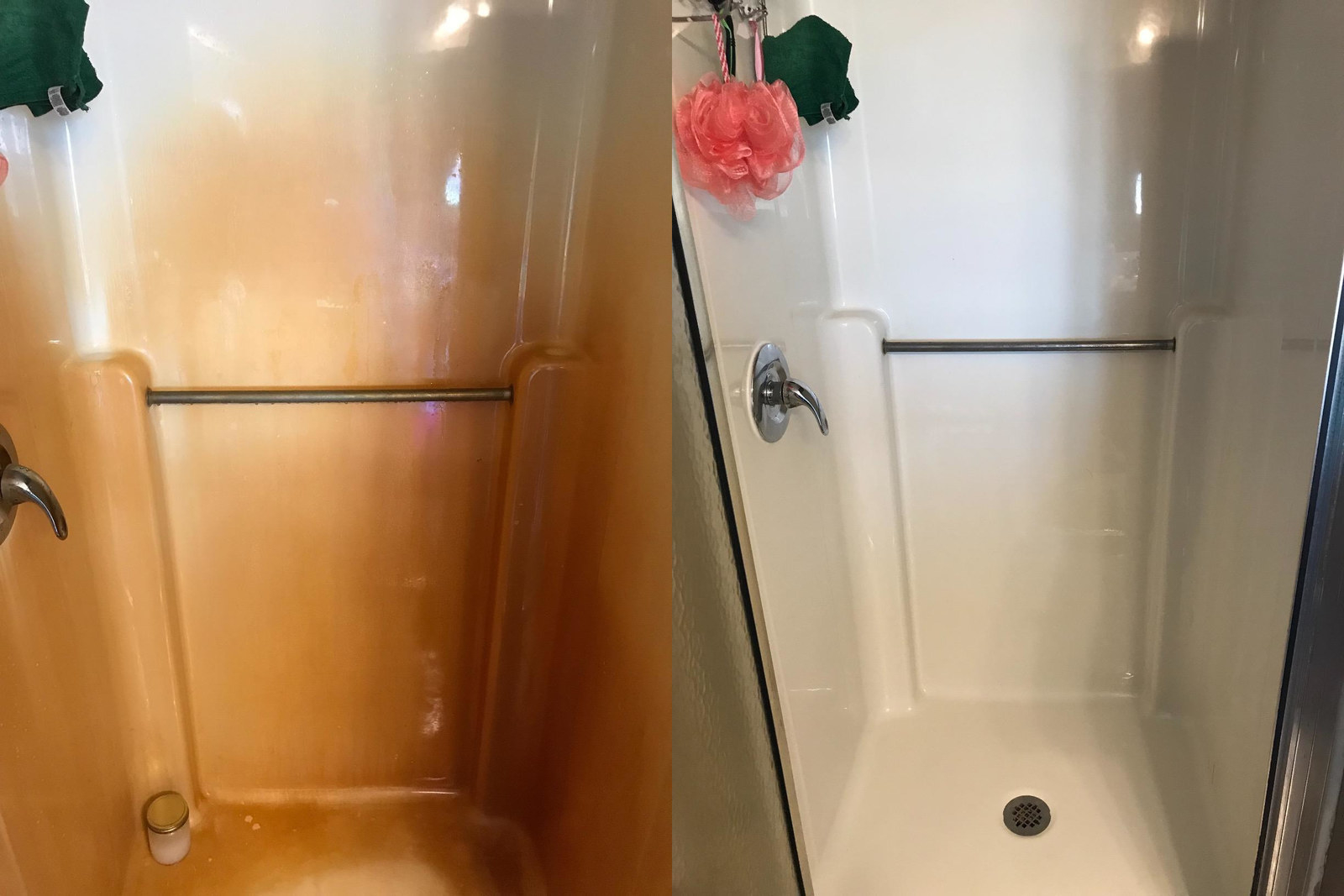 Promising review: "The photos speak for themselves. When we bought our home, there was no water softener and years of iron buildup. We tried so many things on our shower. Nothing worked. We were convinced we’d be stuck until we renovated the bathroom. The Iron Out worked wonders. I still can’t believe it. We had to let it sit for about an hour. It then dissolved and wiped right off. Definitely use in a ventilated area if possible." —M. GilardiGet it from Amazon for $5.48.
