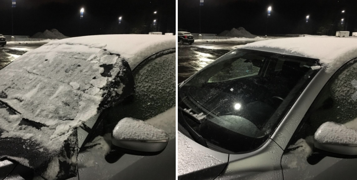 before/after of reviewers car with cover and snow and then the cover removed to show a clean windshield